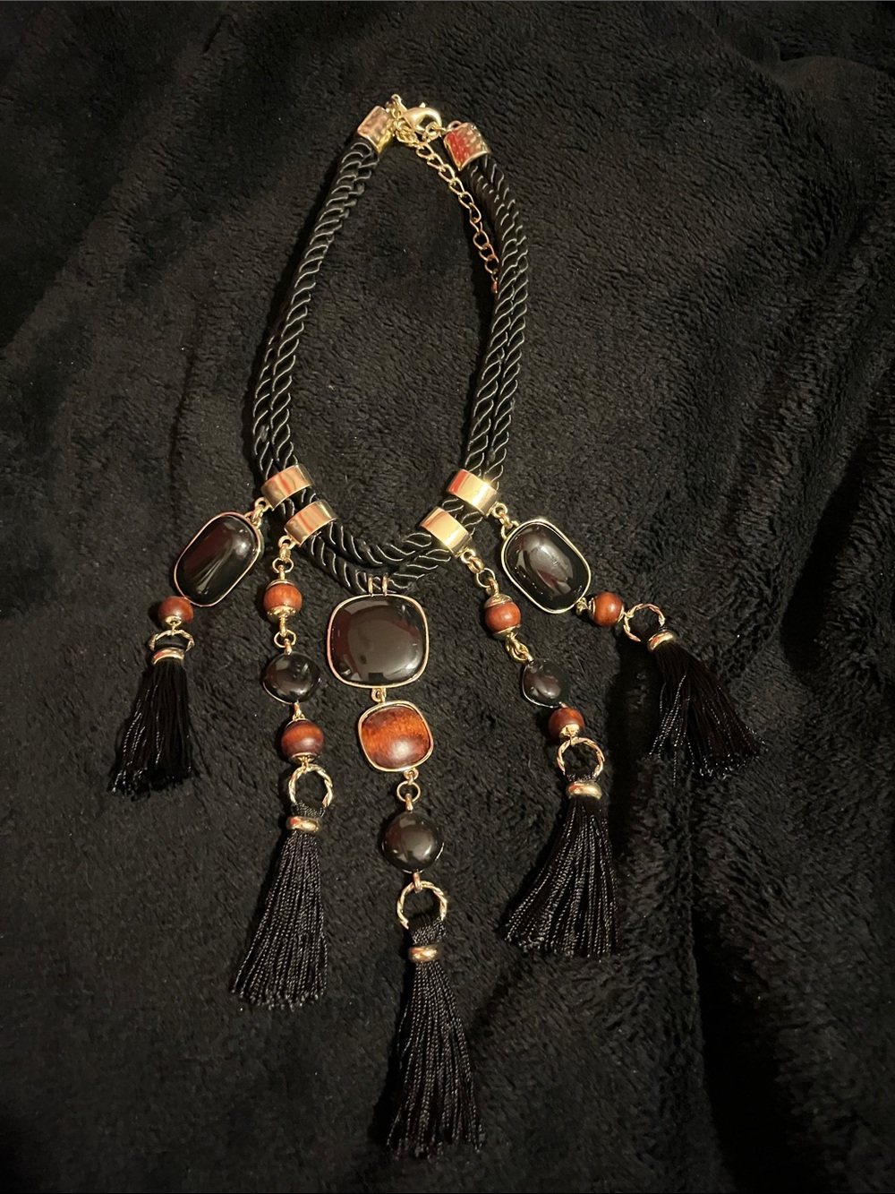 Elegant Black and Brown Tassel Statement Necklace